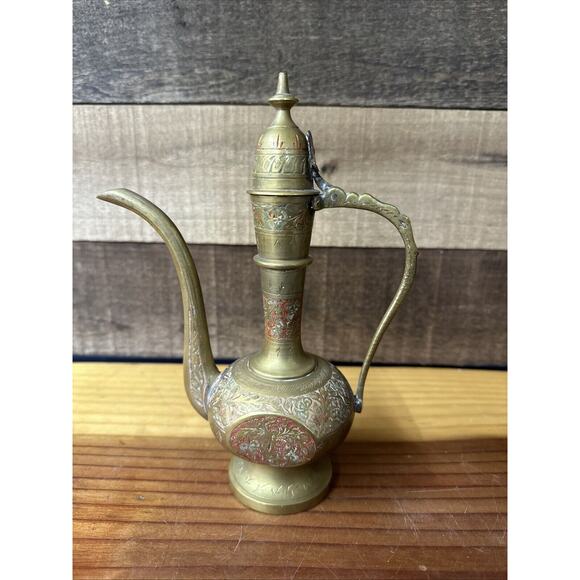 Vintage Original India Antique Red/Brass patterned Jug 8” Tall - Picture 5 of 10